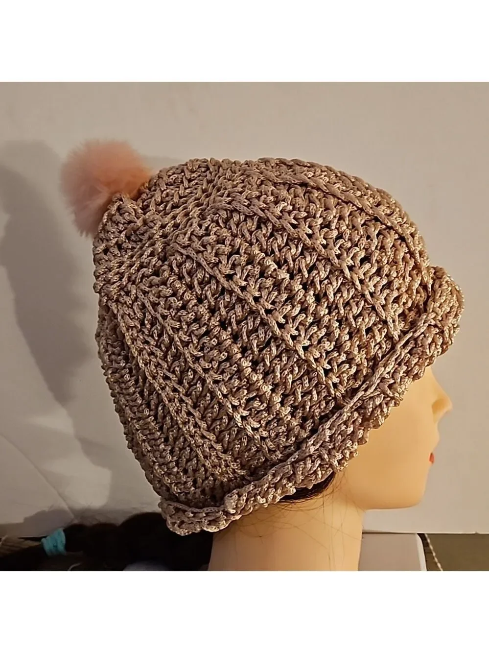 Handmade Crochet Pom pom Beanie hat Pink hollow out stitch Retro Nylon Art